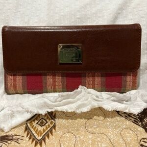Longaberger Homestead Brown Leather Wallet with a Red Plaid Flap snap closure